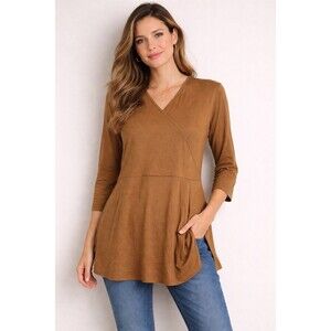 J. Jill Womens Medium Brown Faux Wrap Tunic Top 3/4 Sleeve Stretch Blouse